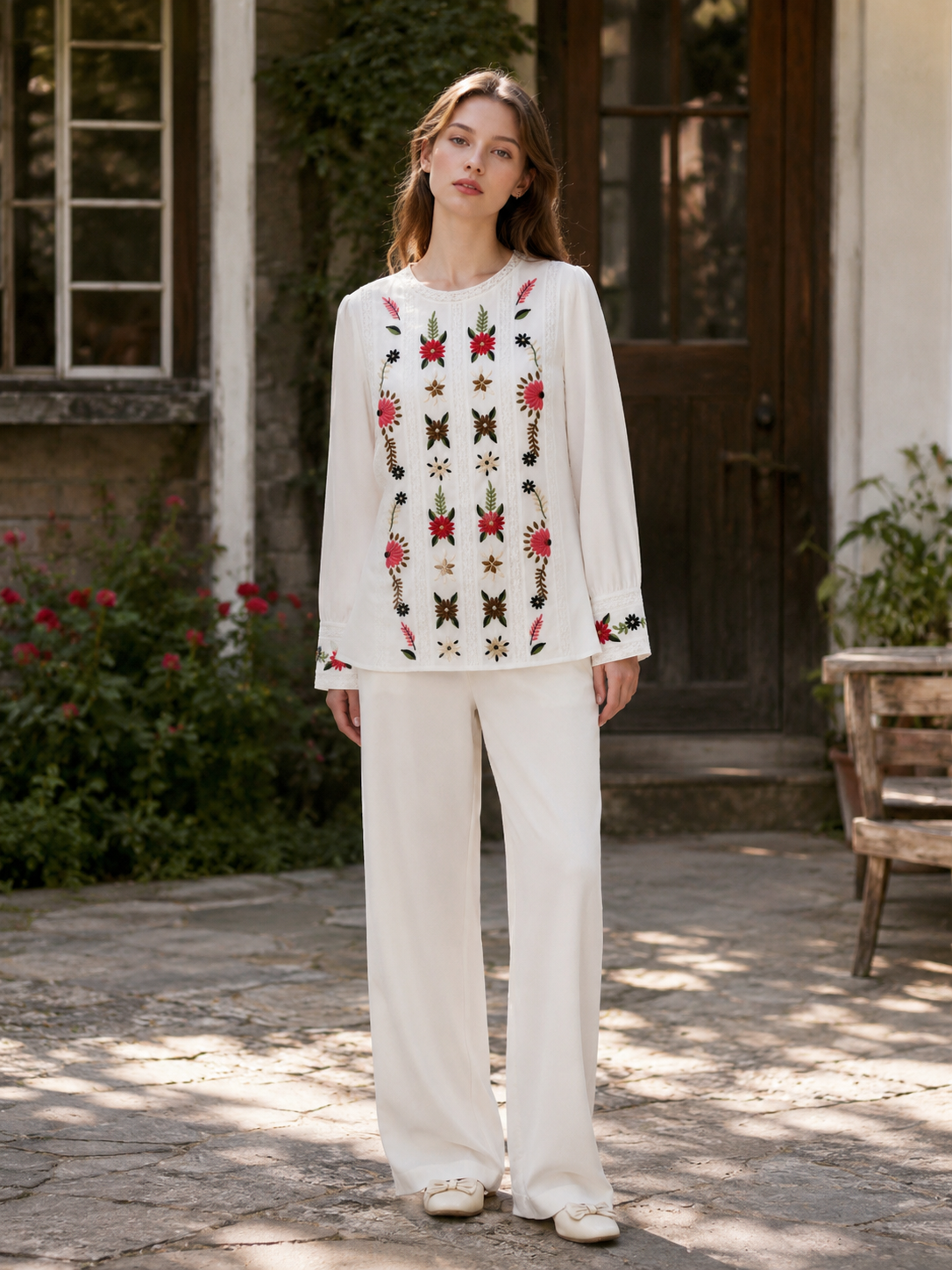 Boho Floral Embroidered Lace Panel Long Sleeve Women’s Blouse D-41966