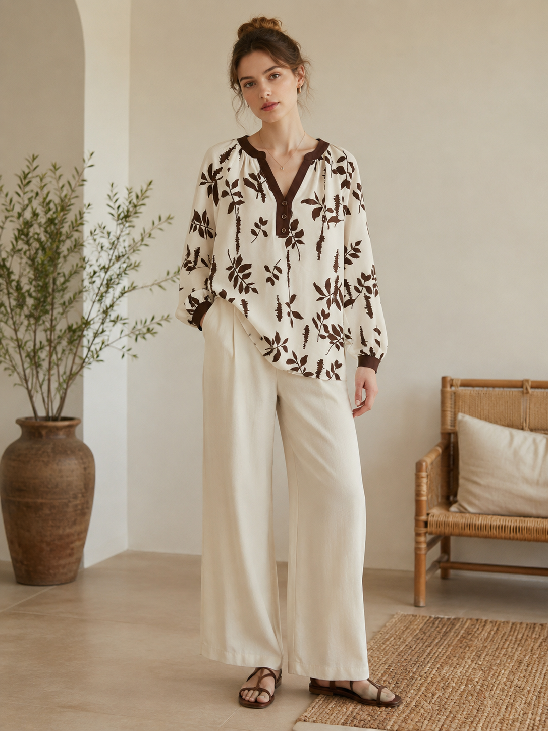 Chic Earthy Botanical Print Long Sleeve Blouse with Contrast V-Neck A-42170