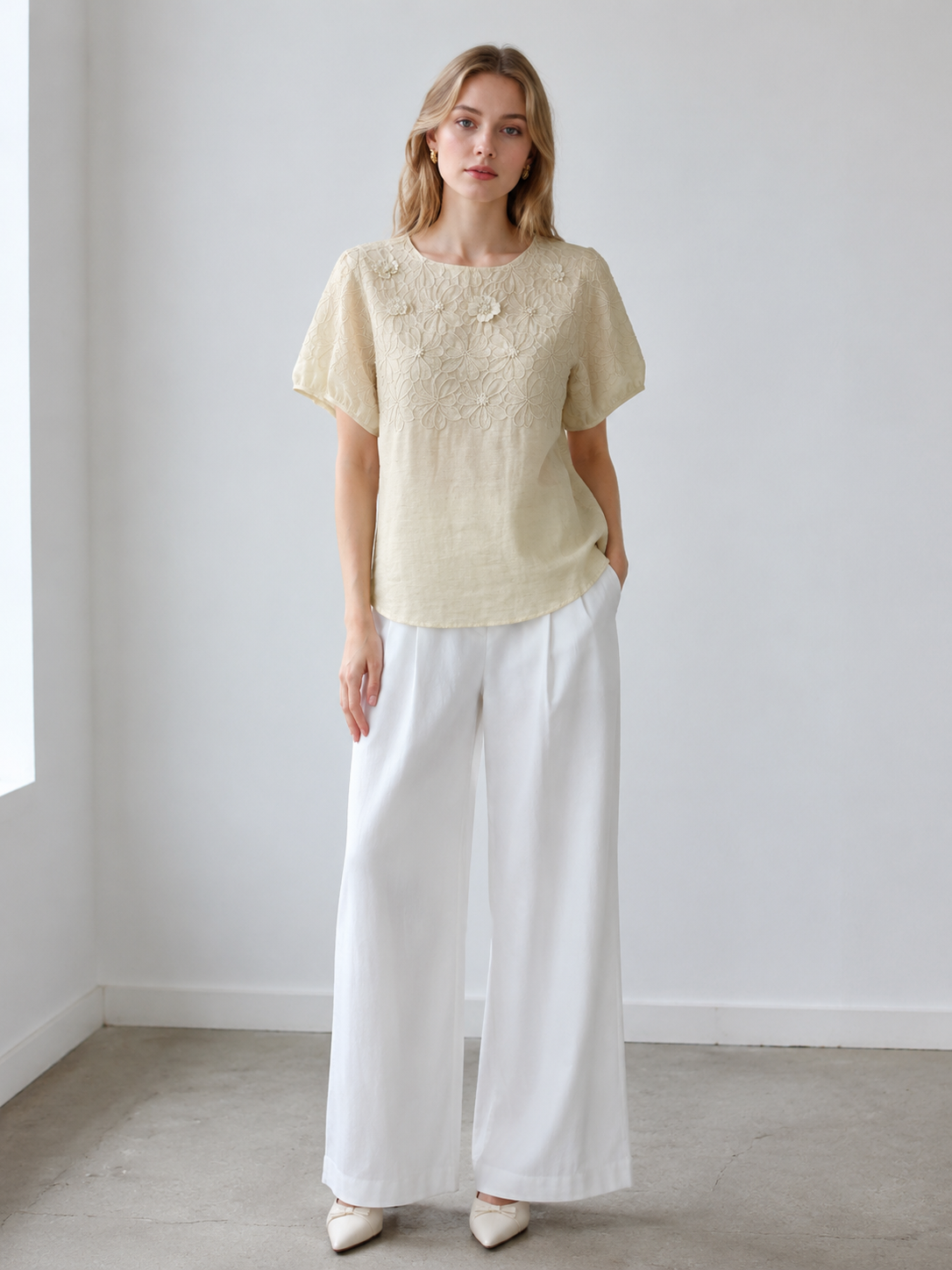 Summer Floral Embroidered Short Sleeve Top W-42661