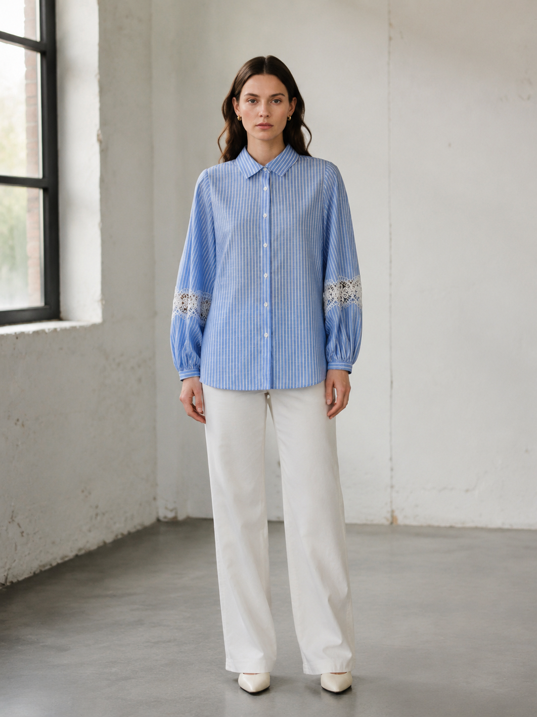 Women’s Striped Lace Sleeve Button Down Casual Blouse C-39756