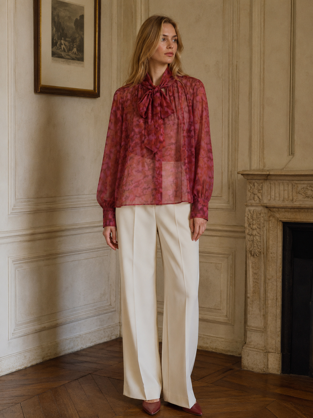 Women’s Printed Tie Neck Sheer Chiffon Long Sleeve Blouse XW-251209