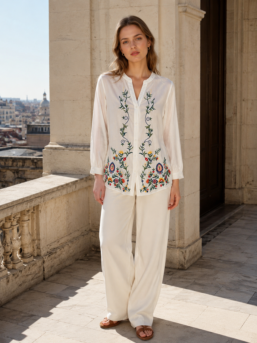 Boho Chic Long Sleeve Button Down Top - Ethnic Style Flower Embroidered Blouse D-39046