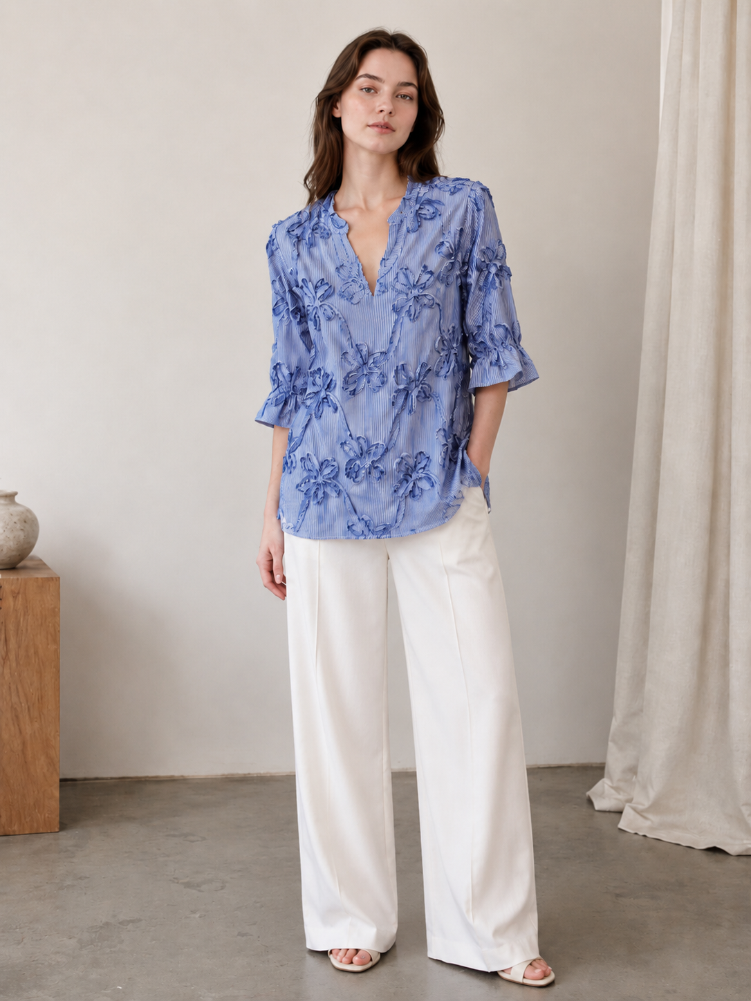 Women’s 3D Floral Applique Striped V Neck Blouse M-42190