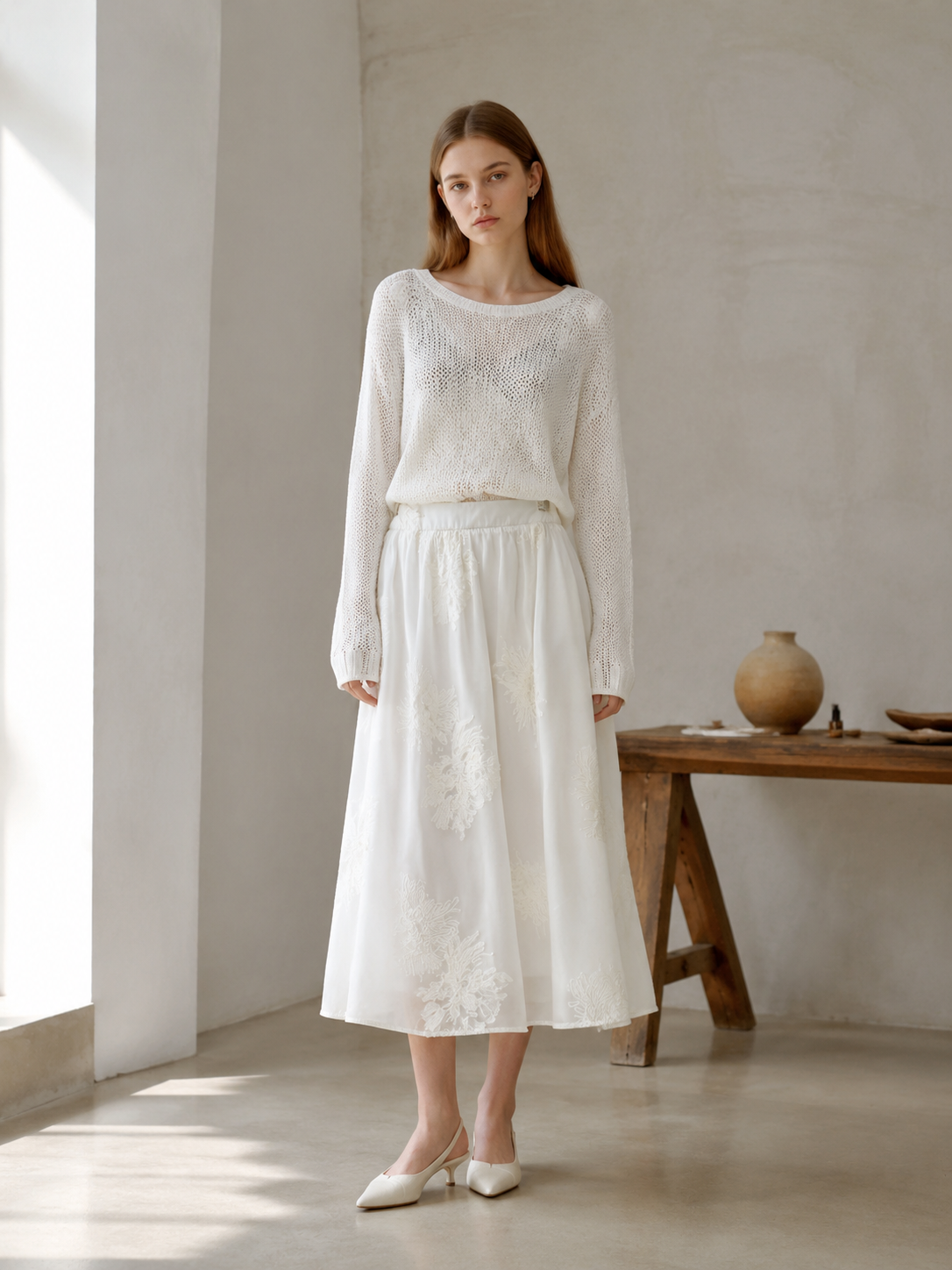 Summer casual set. A-Line Mesh Skirt - White Feather Embroidered Tulle Skirt  C-42444