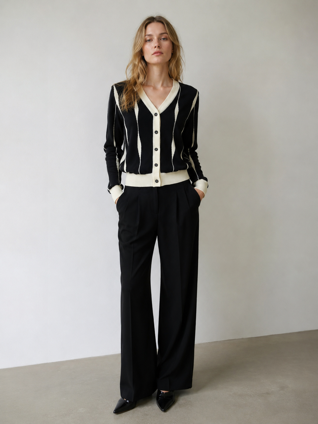 Classic V-Neck Knit Cardigan - Black White Striped Contrast Trim Casual Sweater 80215