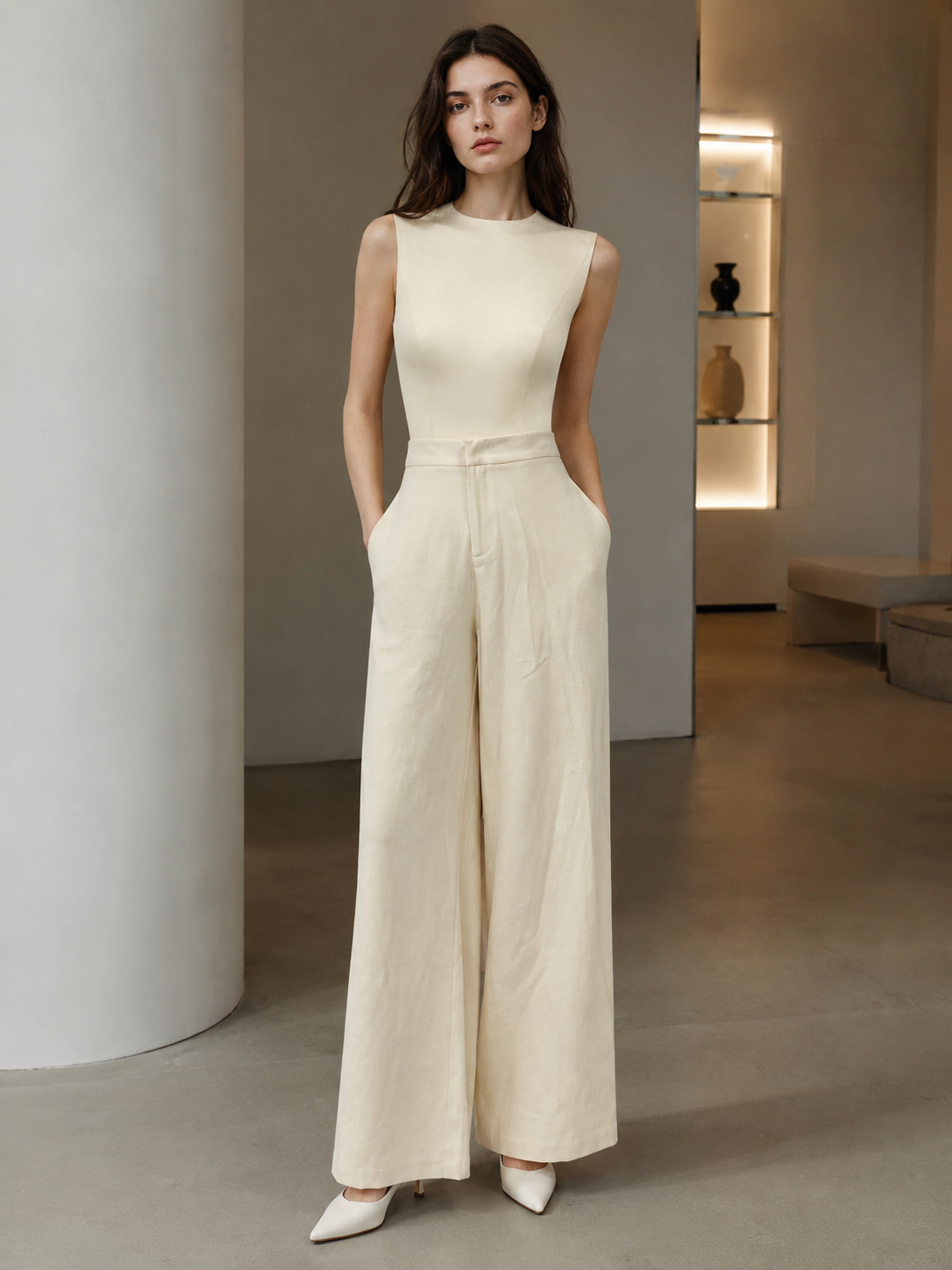 Women's Off-White Wide-Leg Trousers: Casual Chic High-Rise Pants A-50963