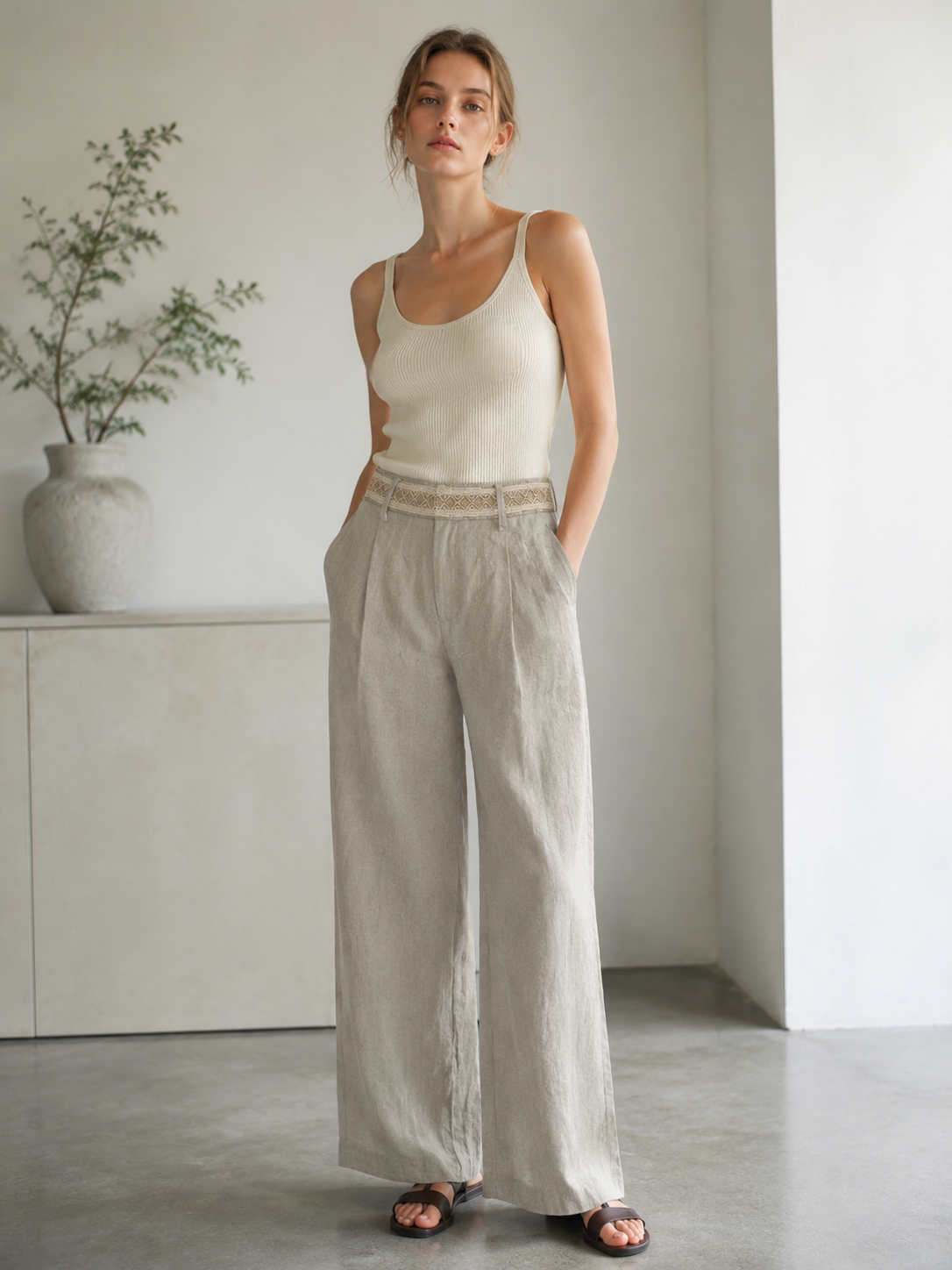 Boho Linen Wide-Leg Pants: Women's High-Waist Trousers with Embroidered Waistband C-41778