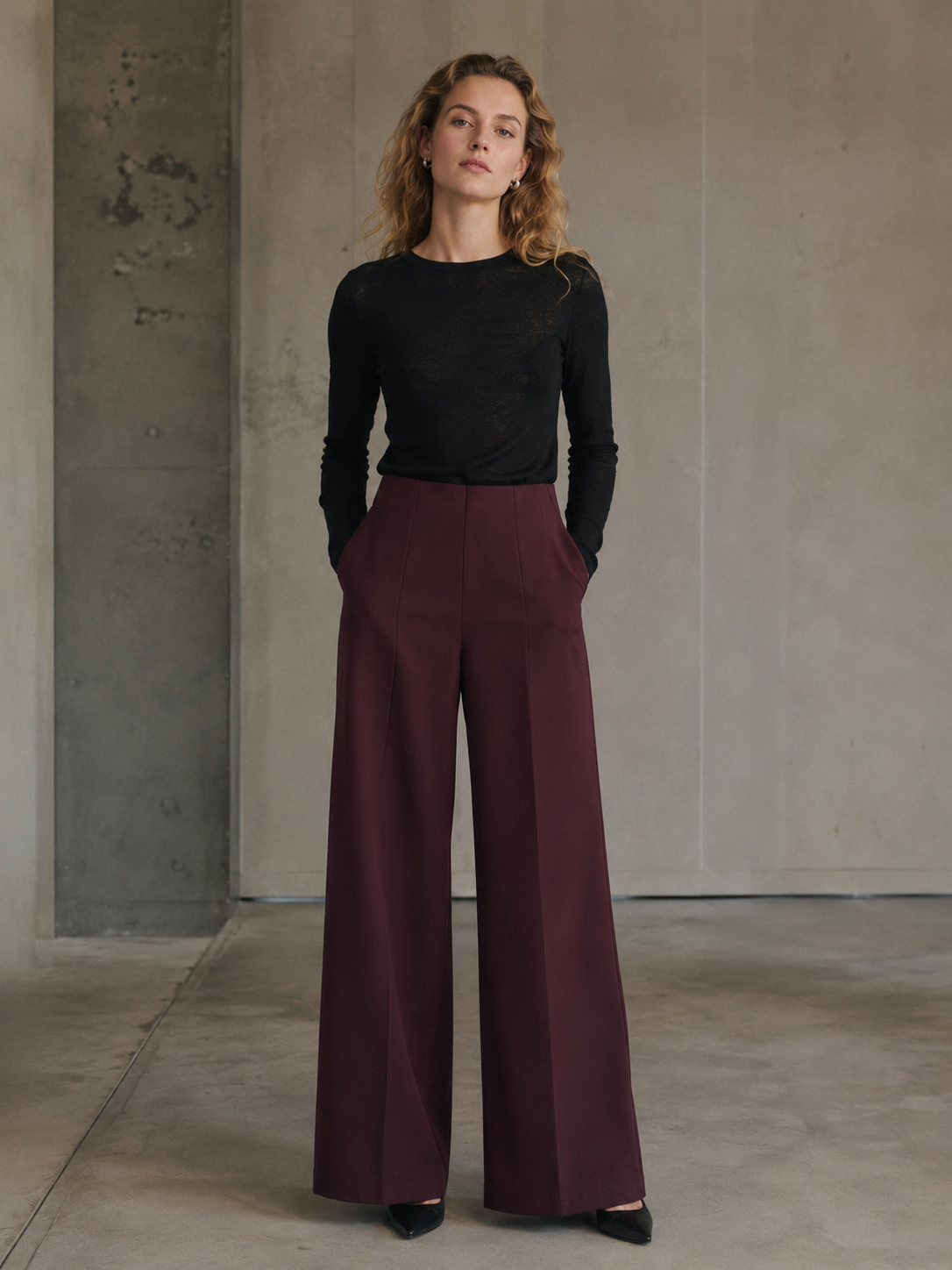 Elegant Wine Red Tailored Wide Leg Trousers C-42183