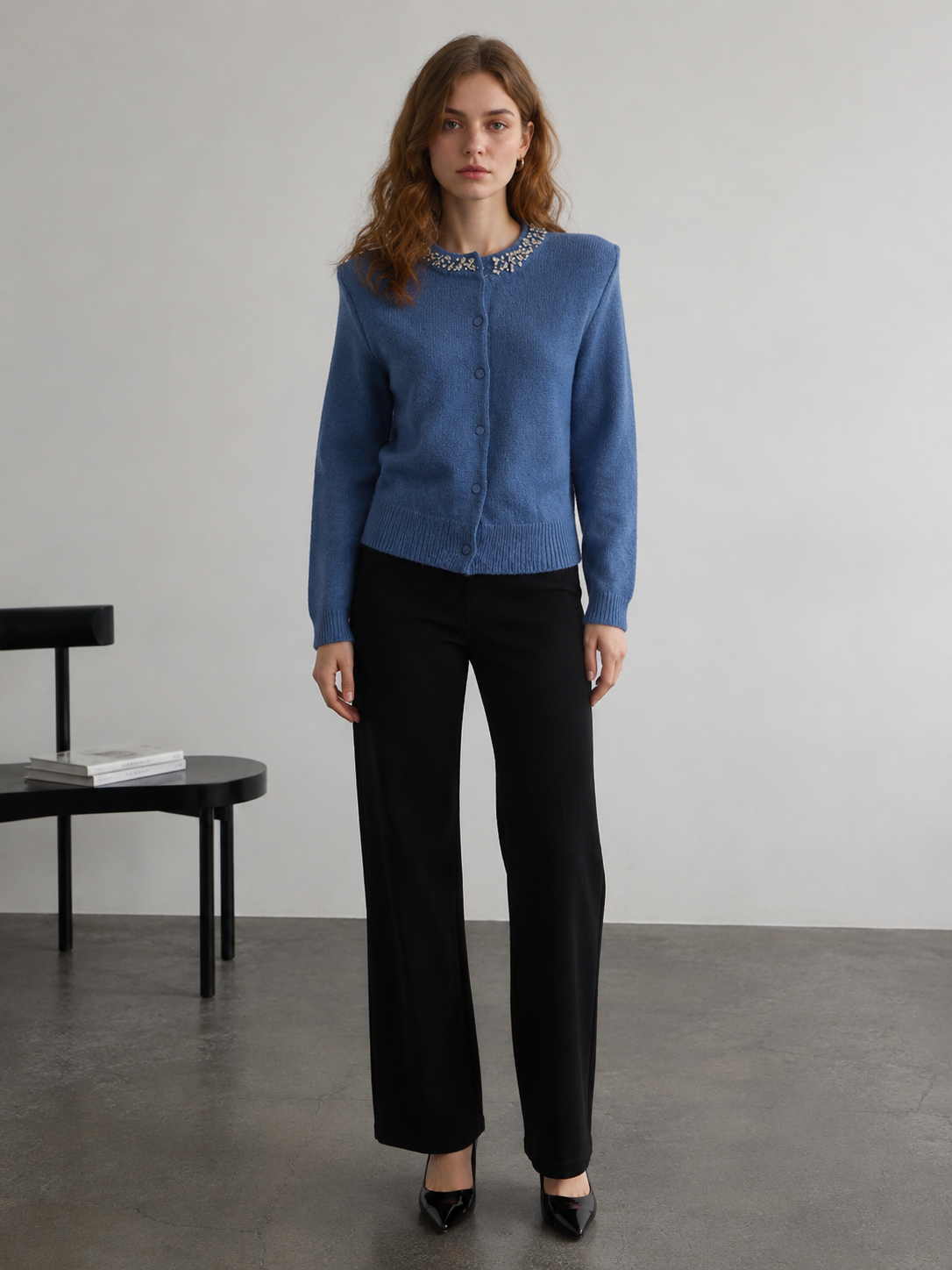 Chic Blue Beaded Neck Cardigan - Crew Neck Button Up Knit Top  MAN-860070