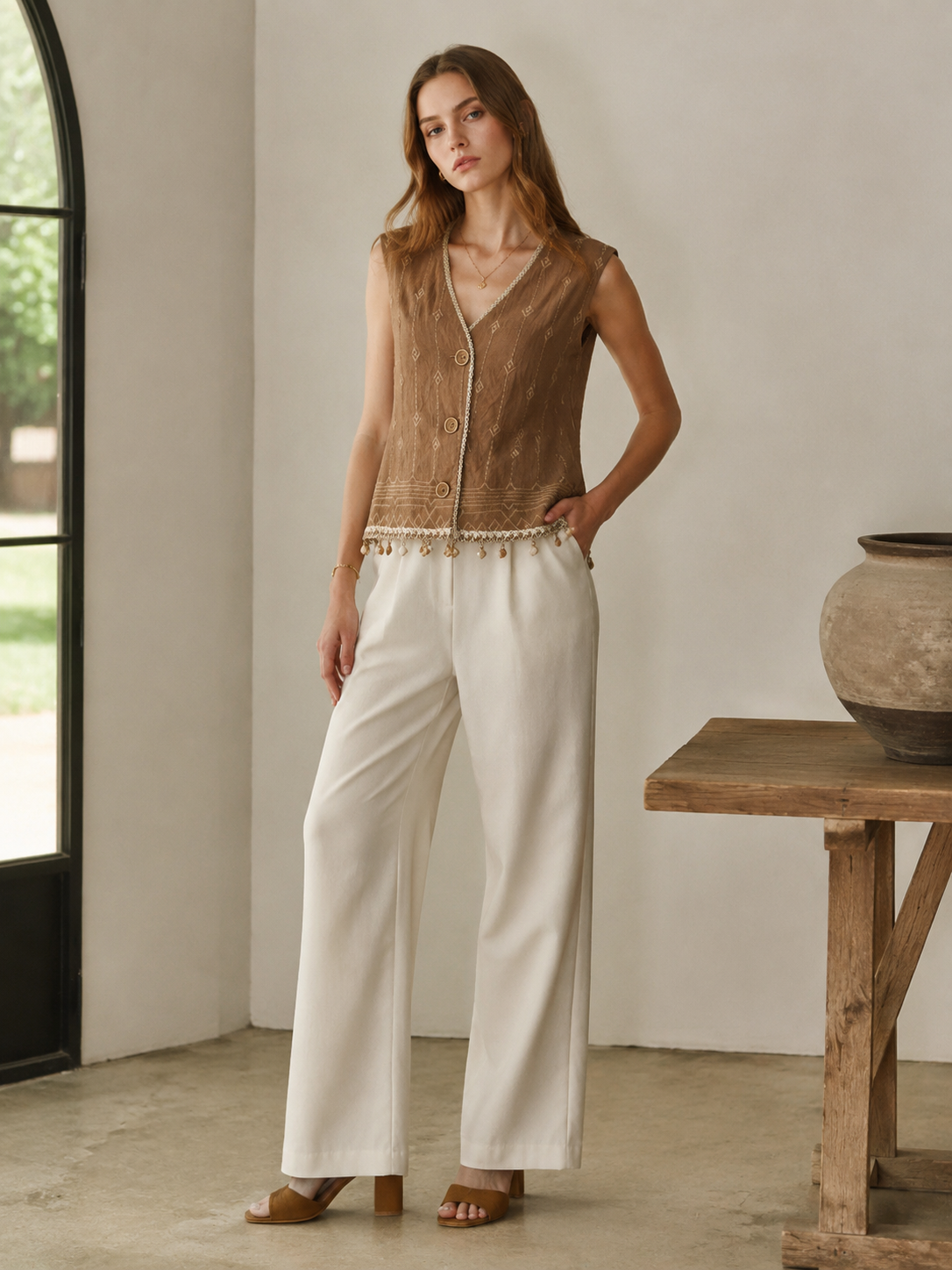 Women’s Boho Embroidered Button Vest – Tassel Detail Summer Top AN-760001