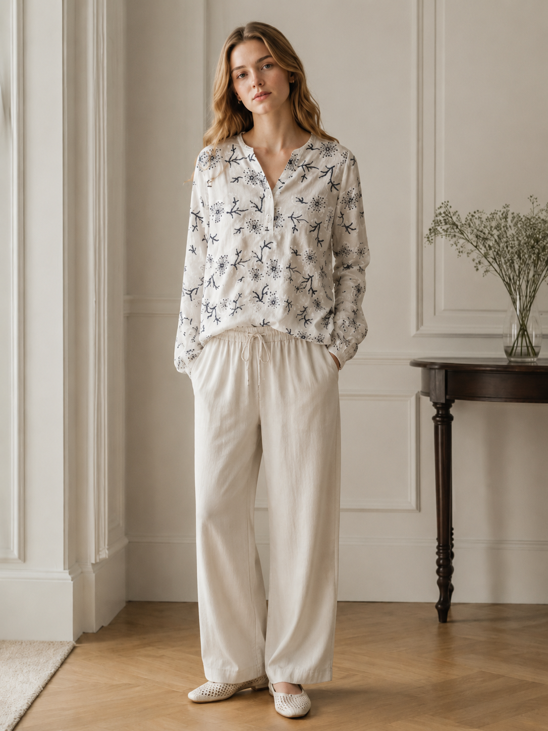 Boho Floral Embroidered Cotton Blouse for Women C-42319
