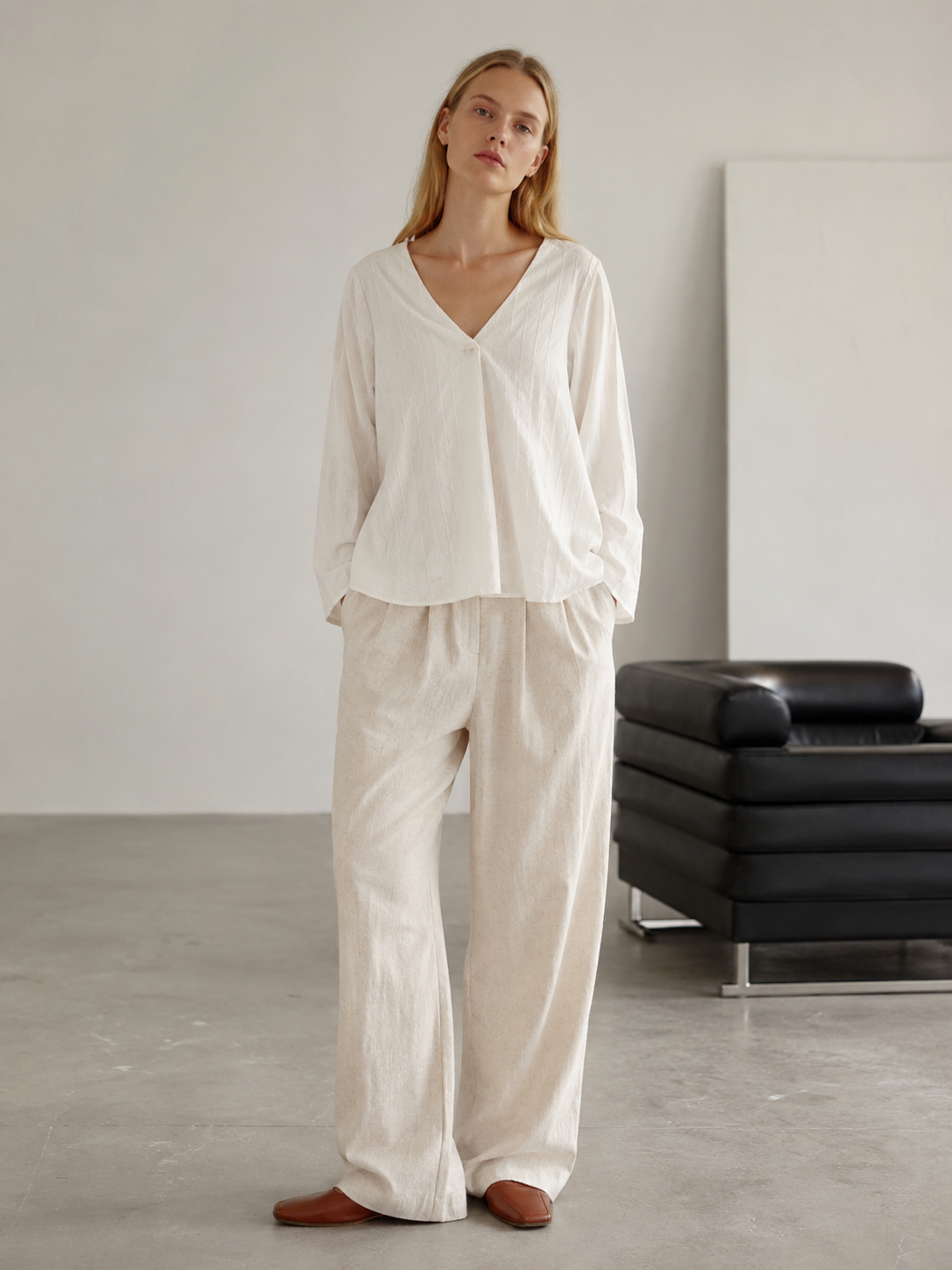 Women’s Casual Solid V Neck Loose Fit Long Sleeve Blouse M-26172
