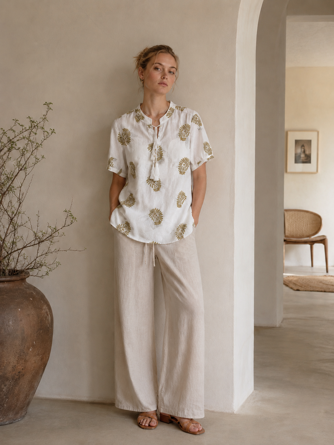 Women’s Boho Embroidered Tassel Tie Linen-Look Summer Blouse D-42254