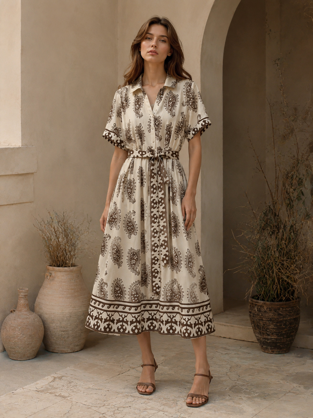 Women’s Boho Paisley Print Belted Midi Shirt Dress D-42275