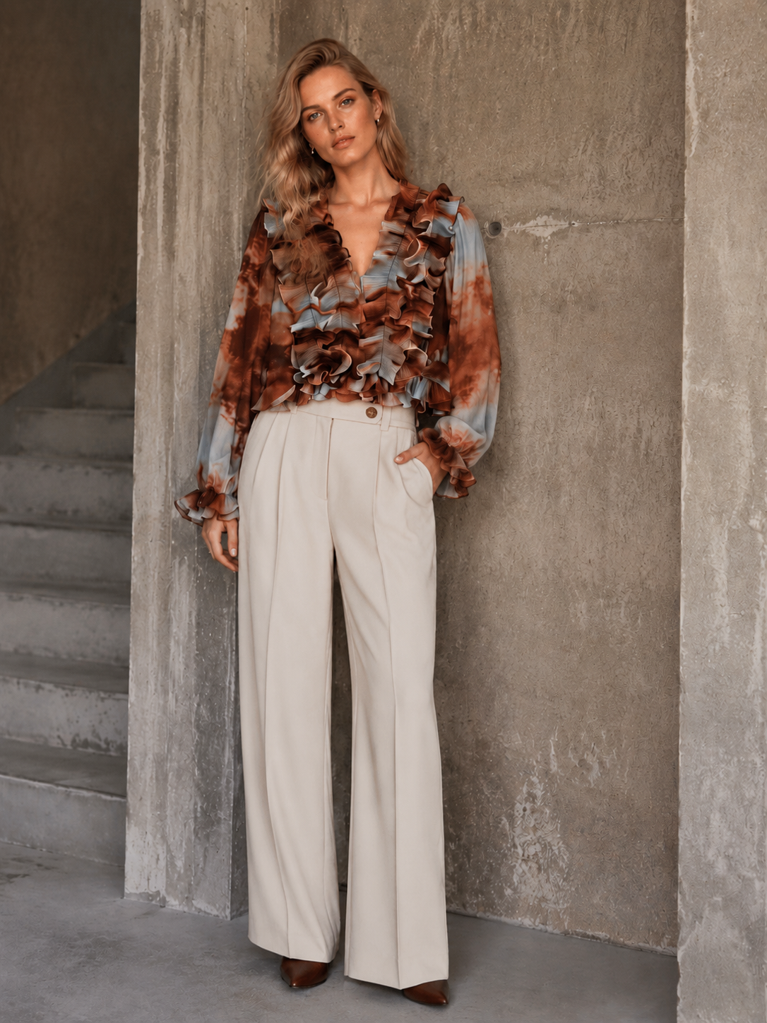 Women’s Tie Dye Ruffle Sheer Chiffon Long Sleeve Blouse XW-251201