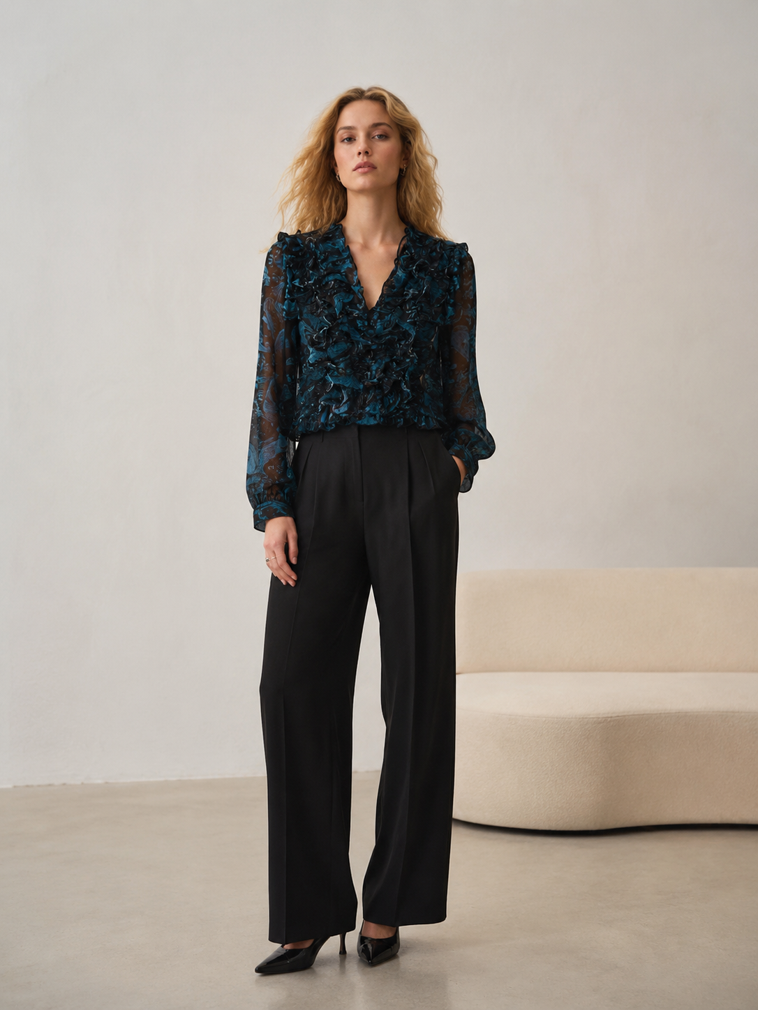 Women’s Sheer Paisley Ruffle V Neck Cropped Chiffon Blouse XW-251202
