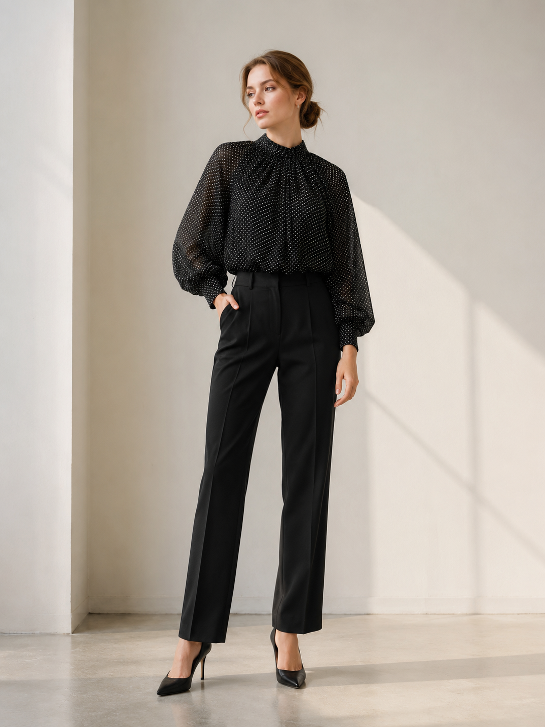 Women’s Polka Dot Chiffon Mock Neck Bishop Sleeve Blouse 89