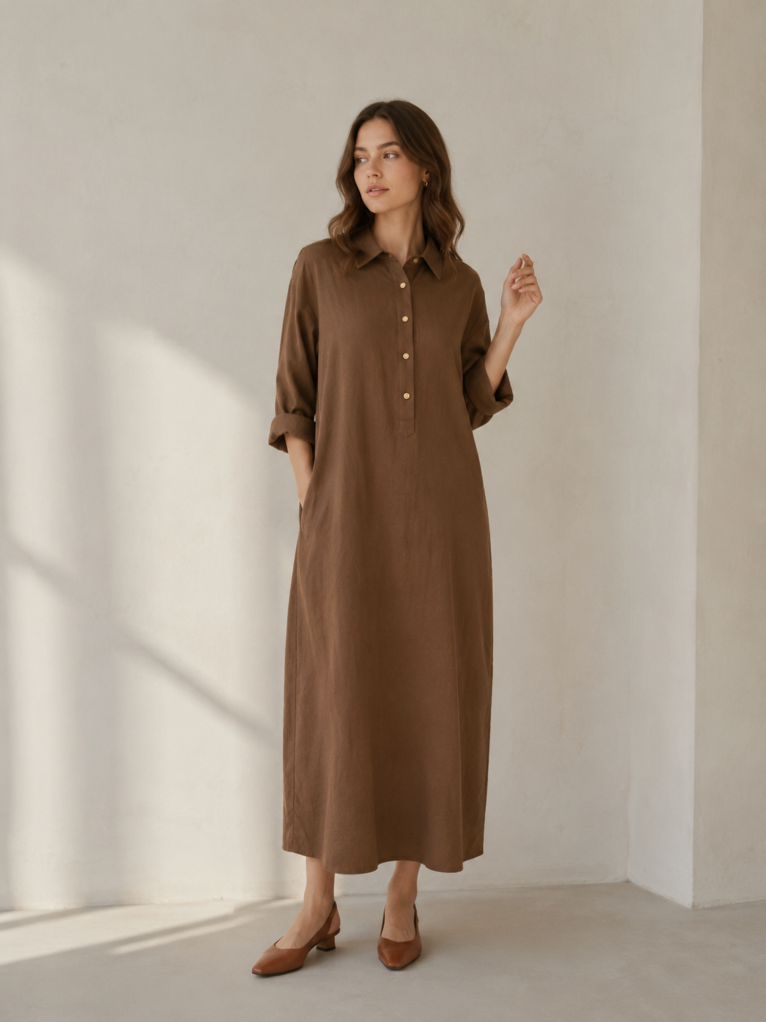 Women’s Minimalist Relaxed-Fit Maxi Shirt Dress A-43023