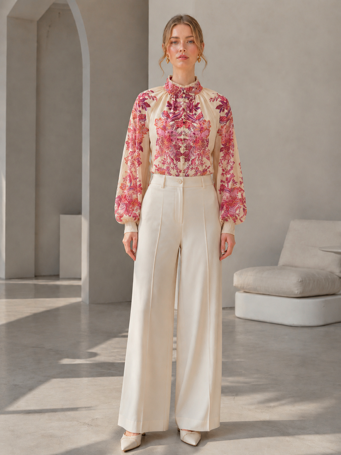 Women’s Boho Floral Paisley Balloon Sleeve Blouse C-42431