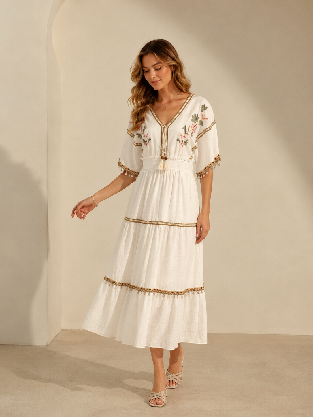 Women’s Boho Embroidered Tassel Tie Maxi Dress D-42829