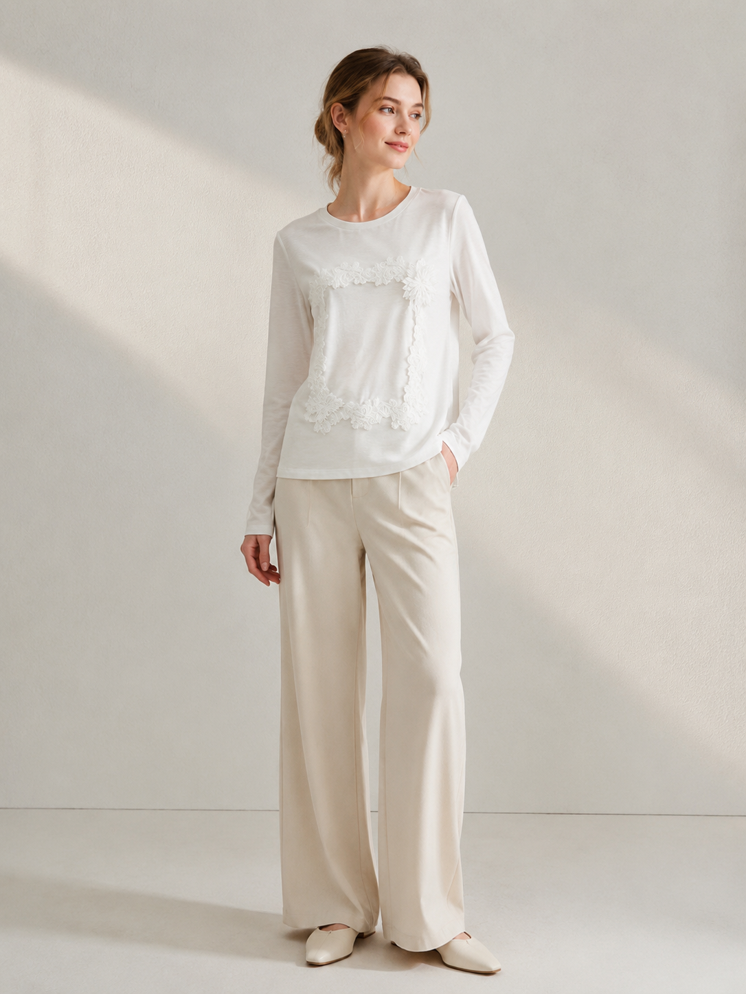 Women’s Lace Panel 3D Floral Long Sleeve Top M-43089
