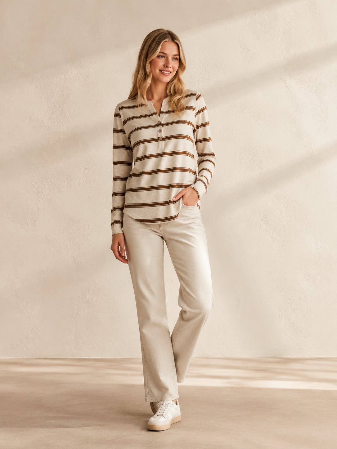 Women’s Striped Henley Long Sleeve Knit Top M-43103