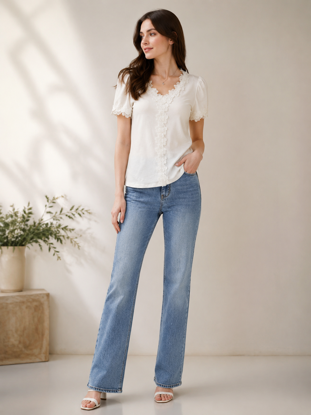 Women’s Floral Lace Applique Puff Sleeve V-Neck Top M-43670