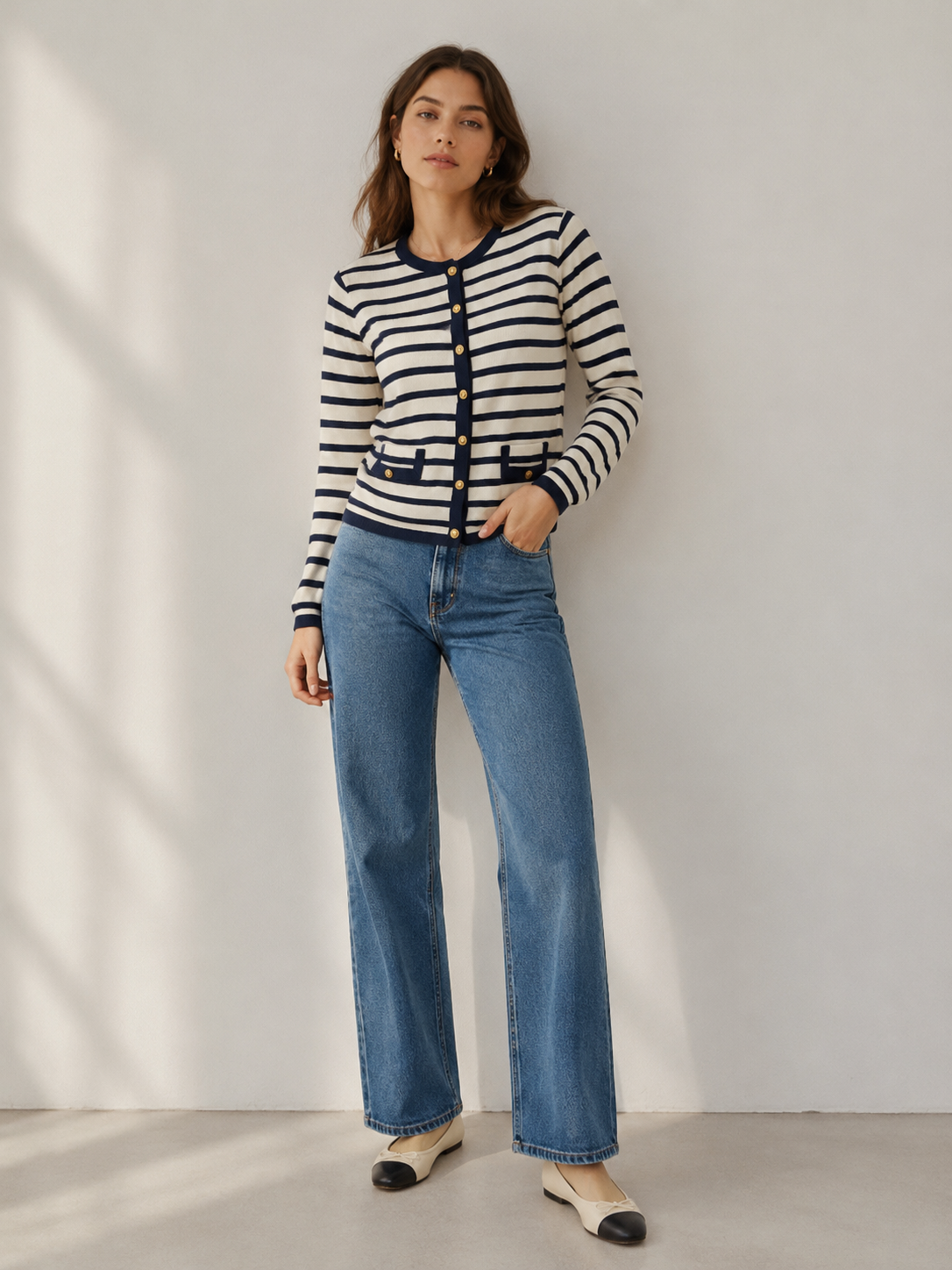 Women’s French Chic Striped Gold Button Cardigan M-43814