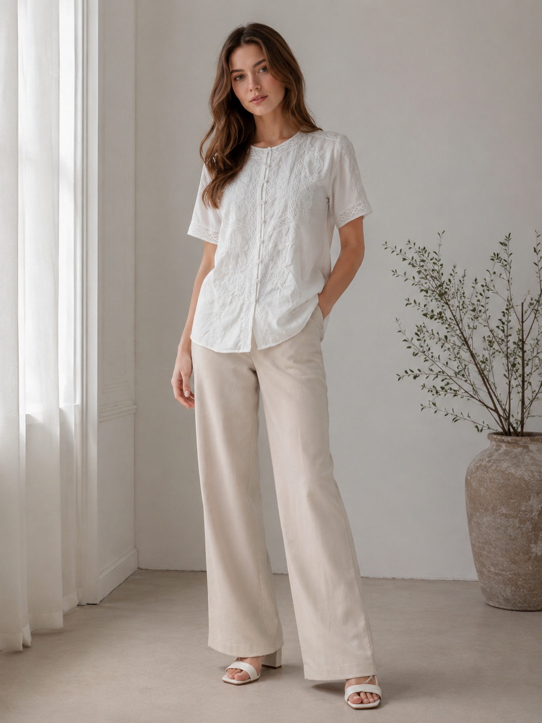 Women’s Boho Embroidered Lace Insert Blouse W-42923
