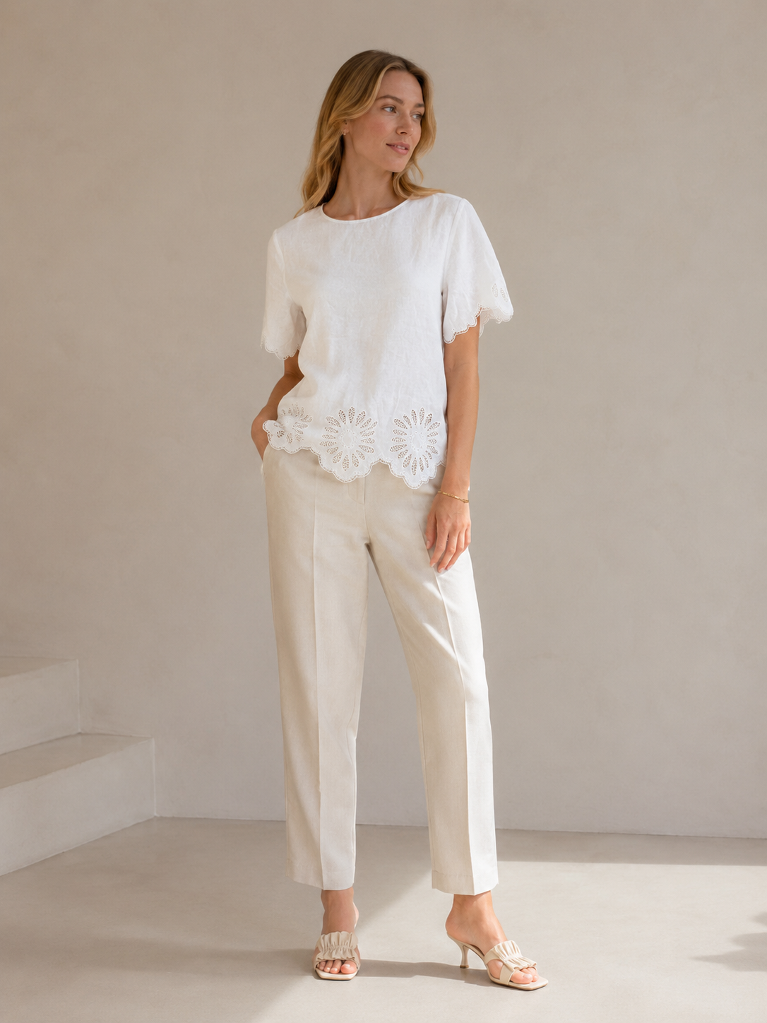 Women’s Linen Look Eyelet Hem Summer Blouse XW-42340