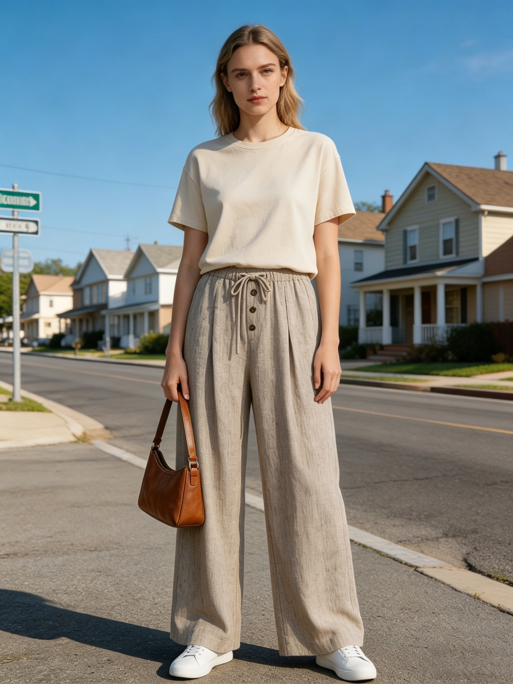 Women’s Casual Linen Elastic Waist Wide Leg Pants AN-760010