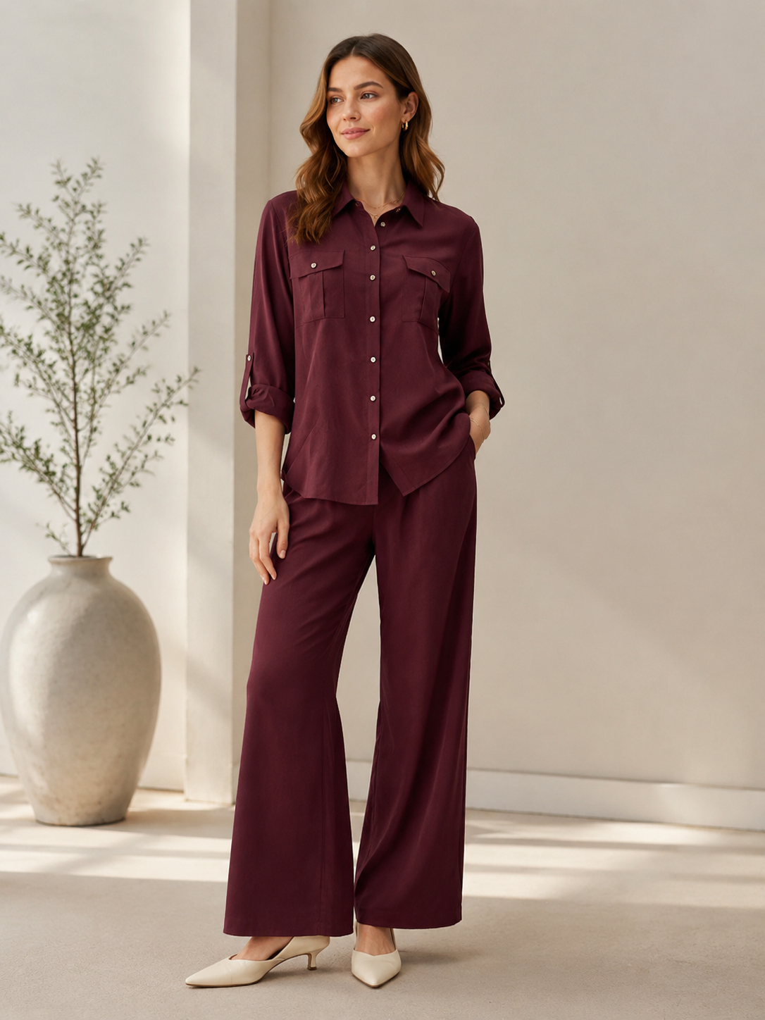 Women’s Burgundy Shirt & Wide Leg Pants Co-ord Set A-43235+A-43236