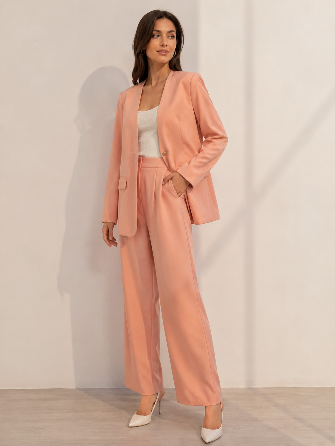Women’s Blush Pink Tailored Blazer Pants Set C-38668+C-39855 