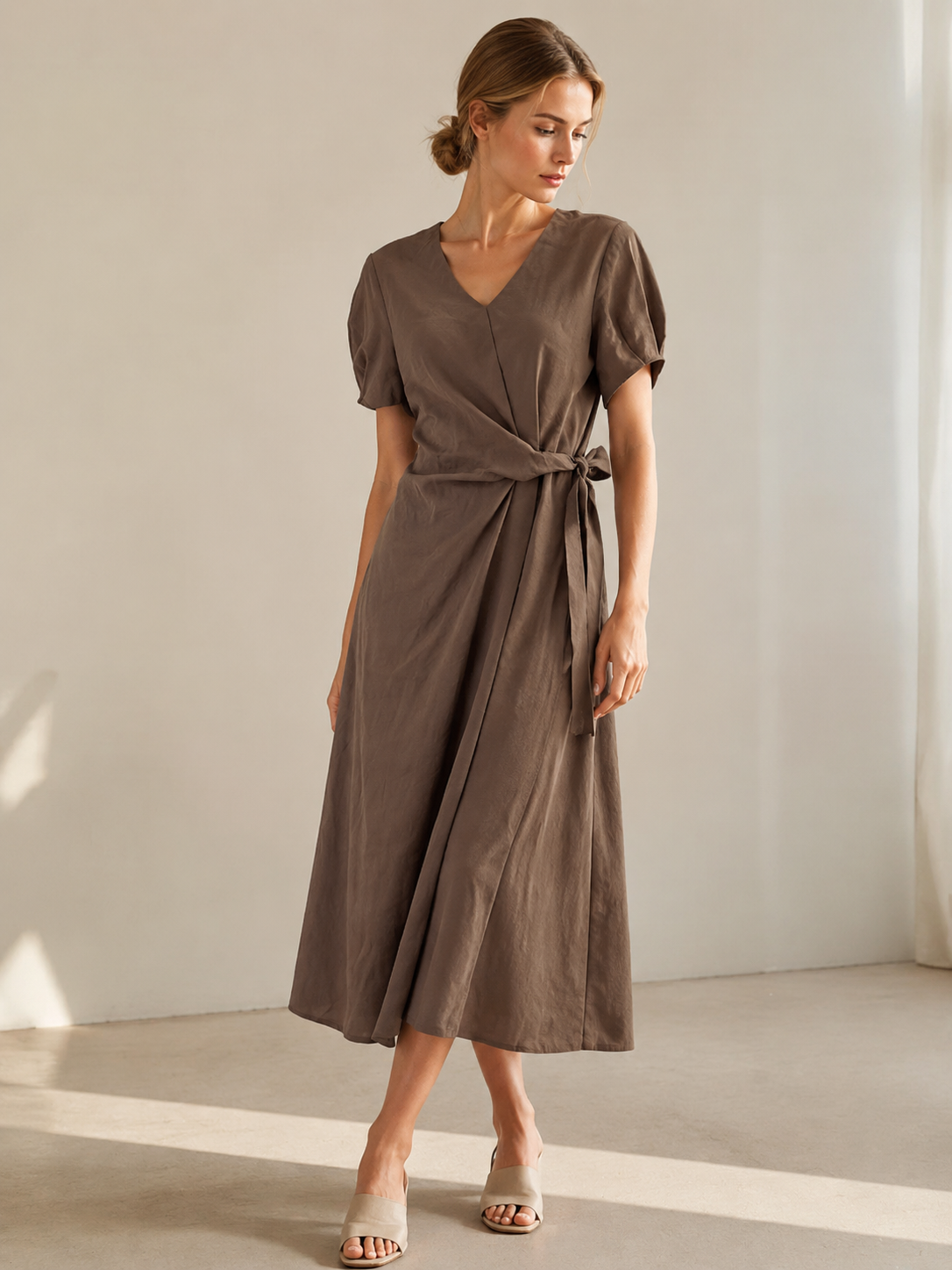Women’s Linen Look Tie Waist Wrap Maxi Dress C-41879