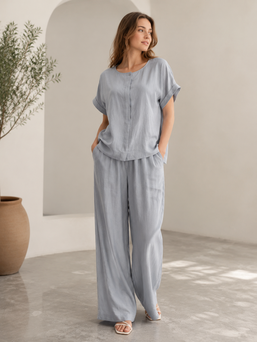 Women’s Linen Look Wide Leg Loungewear Set C-42826+C-42825