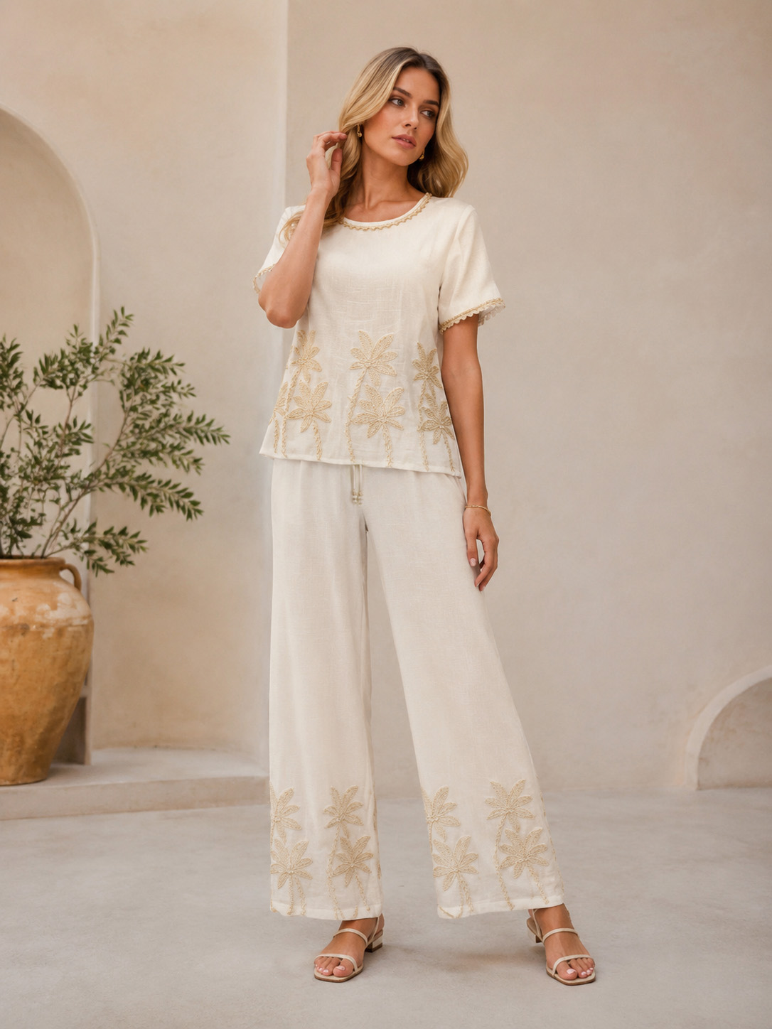Women’s Resort Palm Embroidered Wide Leg Co-ord Set C-42917+C-42862