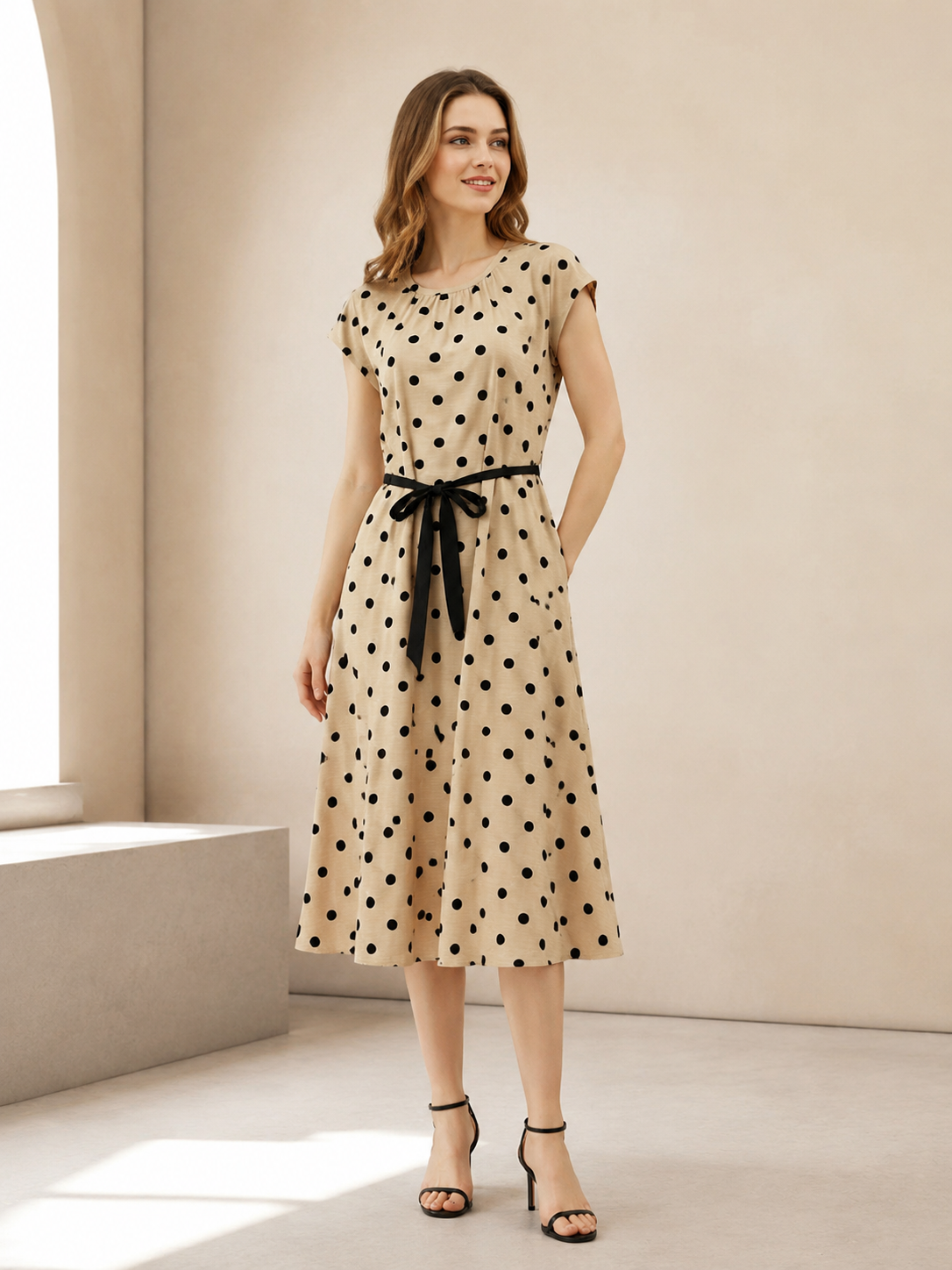 Women’s Polka Dot Tie Waist Midi Dress S-38992
