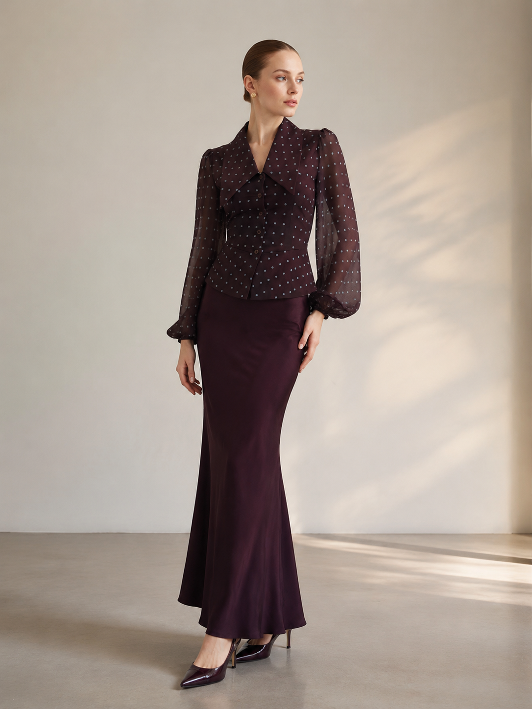 Women’s Vintage Polka Dot Blouse & Maxi Skirt Co-Ord Set W-41420+LA35010
