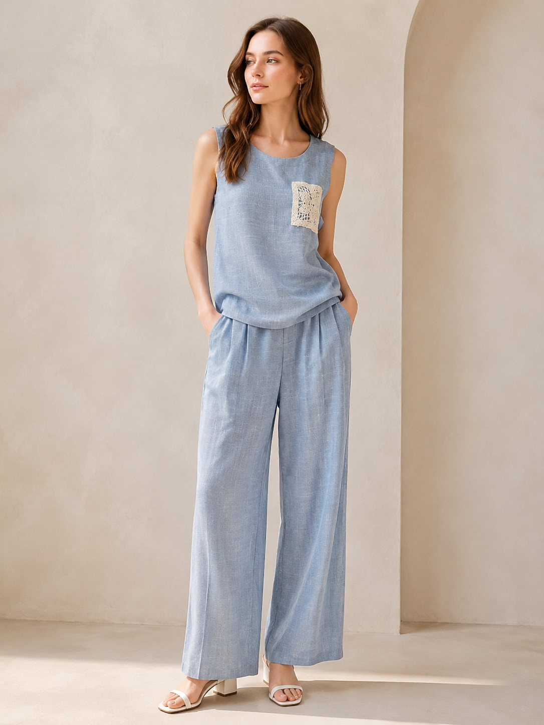Women’s Linen-Blend Sleeveless Wide-Leg Co-ord Set W-42962+W-42960