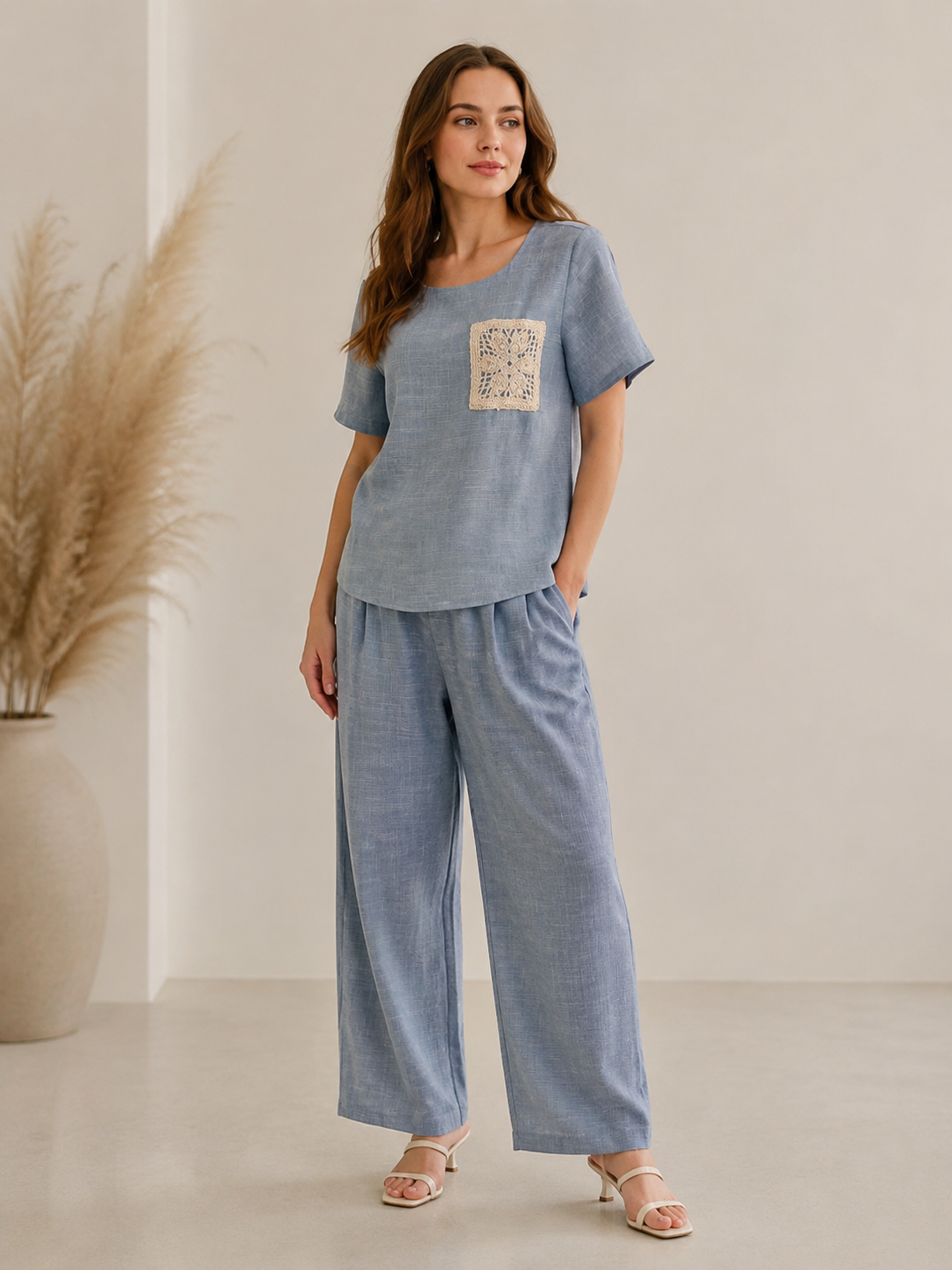 Women’s Linen-Blend Embroidered Pocket Co-ord Set W-42962+W-42961