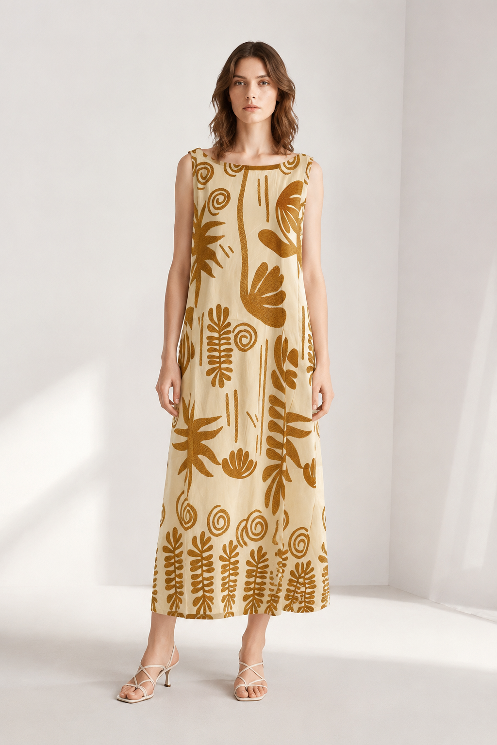 Women’s Boho Tropical Leaf Print Sleeveless Maxi Dress with Pom Pom Trim 2550