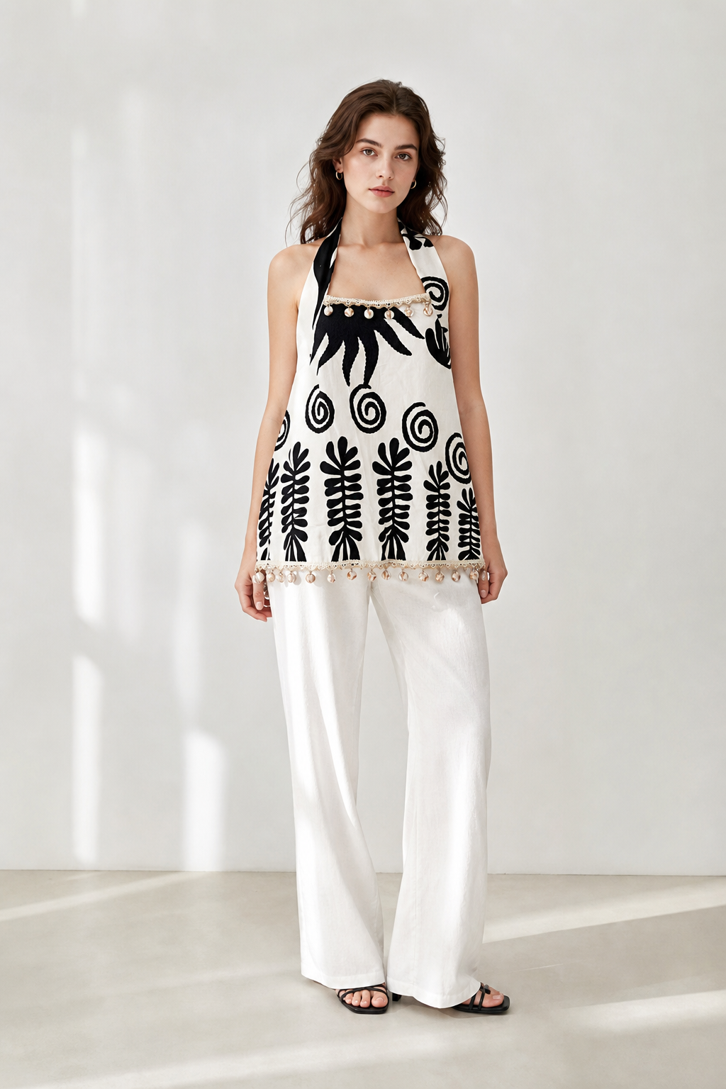 Women’s Boho Embroidered Halter Cami Top with Pom Pom Trim 28023-1