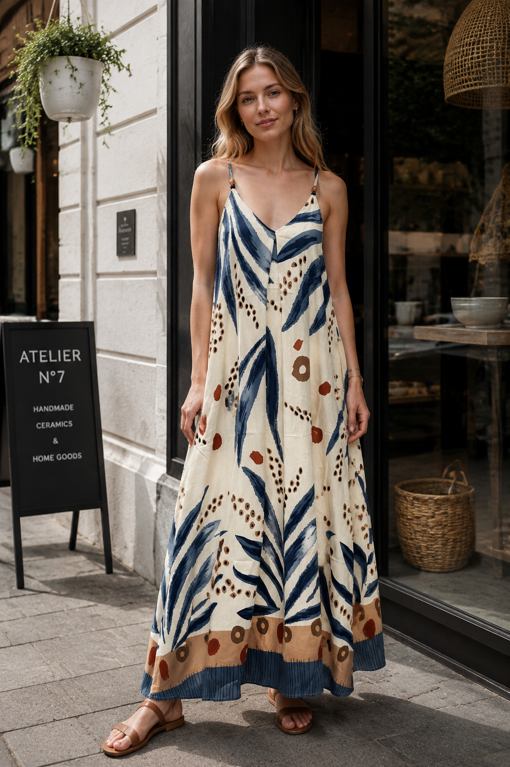 Women’s Tropical Leaf Print Halter Maxi Dress with Pom Pom Trim 2882-2
