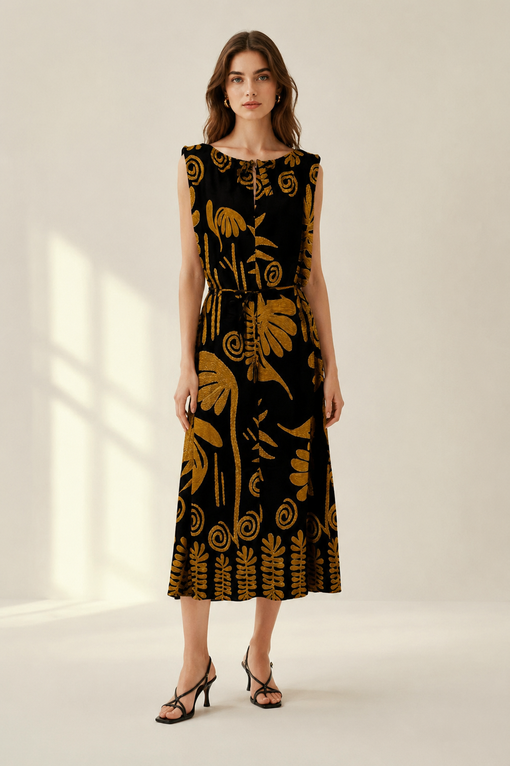 Women’s Black Floral Print Sleeveless Maxi Dress with Belted Waist