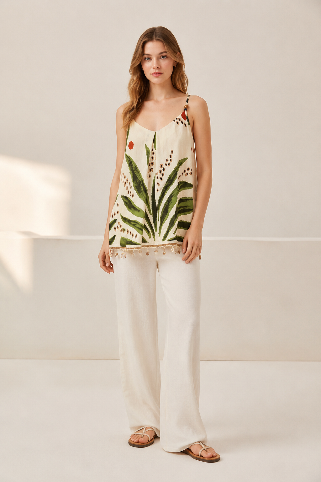 Women’s Tropical Leaf Print Spaghetti Strap Cami Top with Pom Pom Trim 2882-3