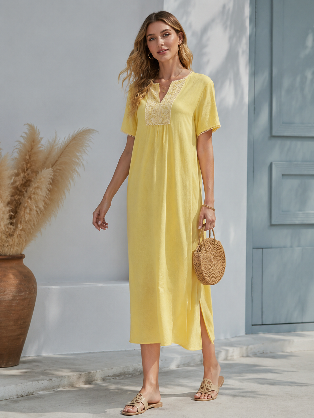 Women's Yellow Lace-Yoke Short-Sleeve Dress C-42805