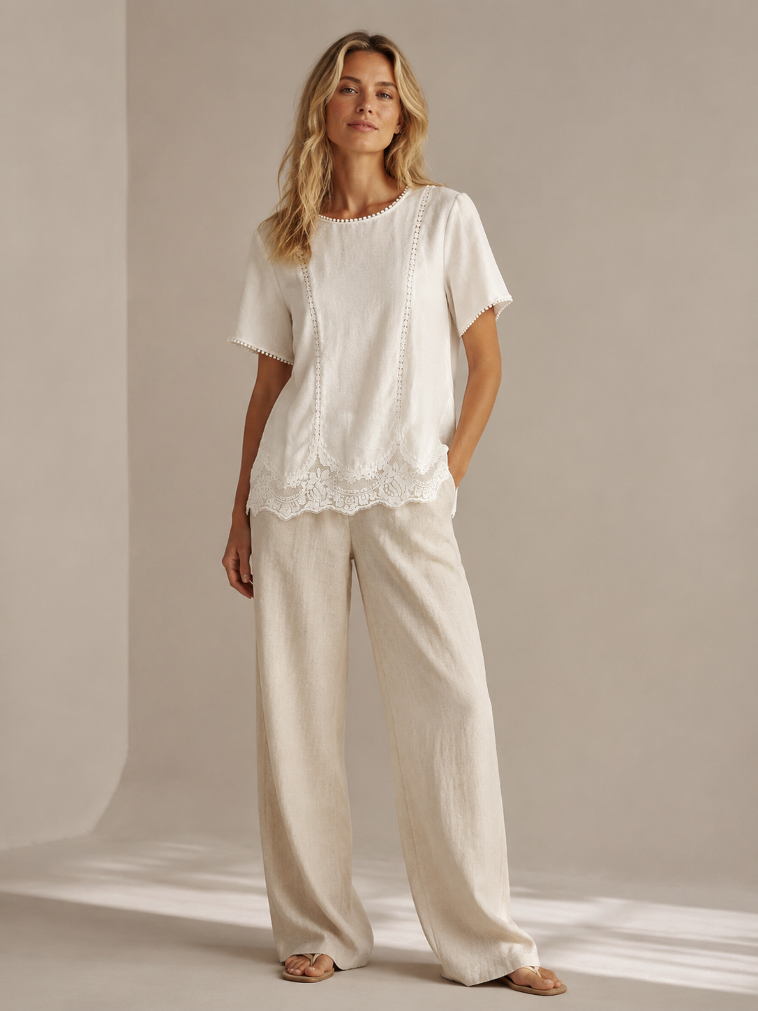 Women's Ivory Lace-Trim Short-Sleeve Top M-42797