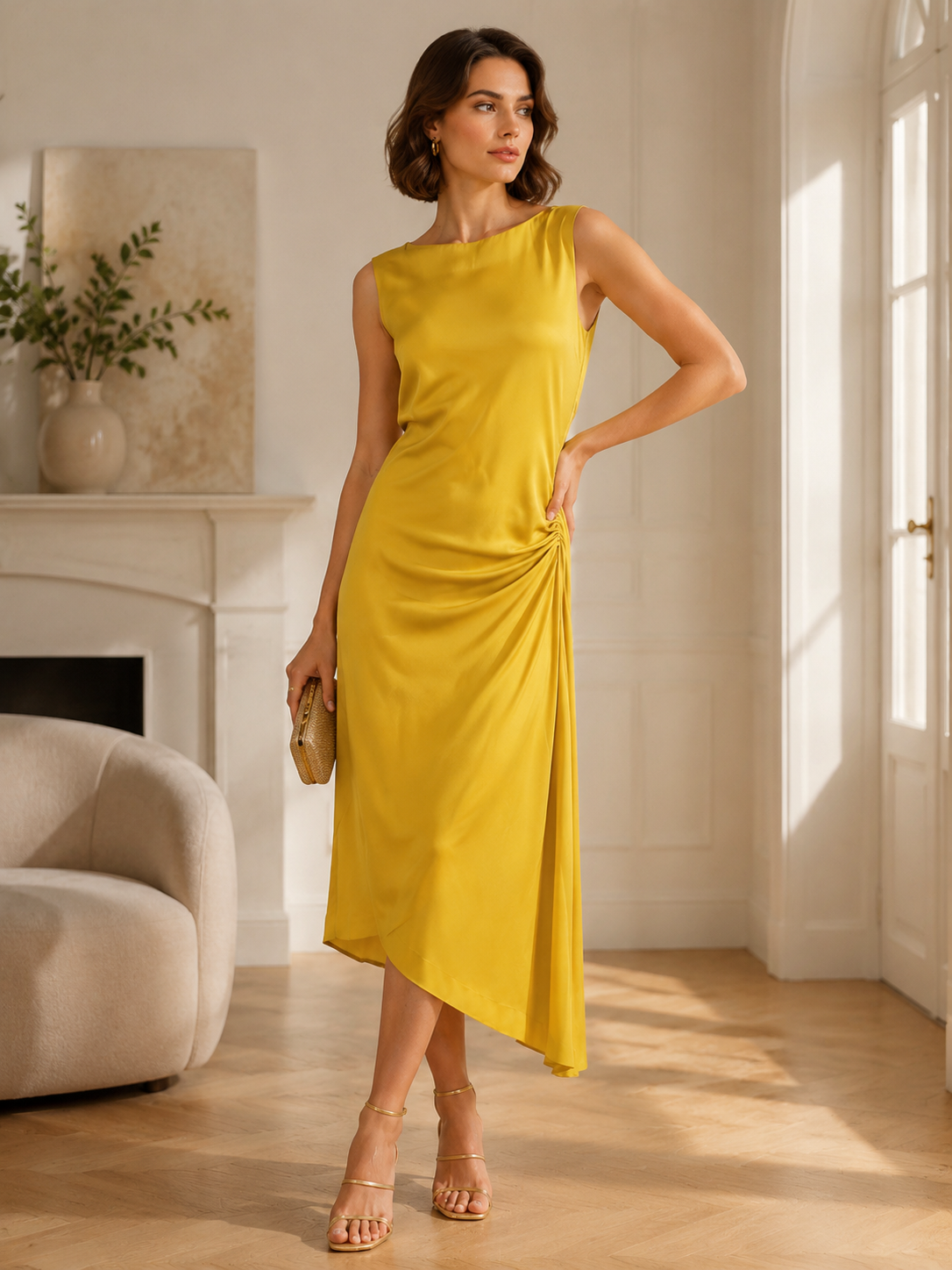 Women's Mustard Satin Asymmetric Sleeveless  Dress W-35967