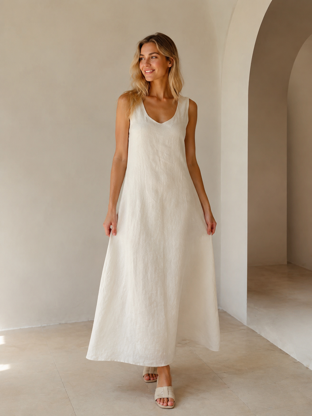 Women's White Textured Sleeveless Shift Dress W-38756-1