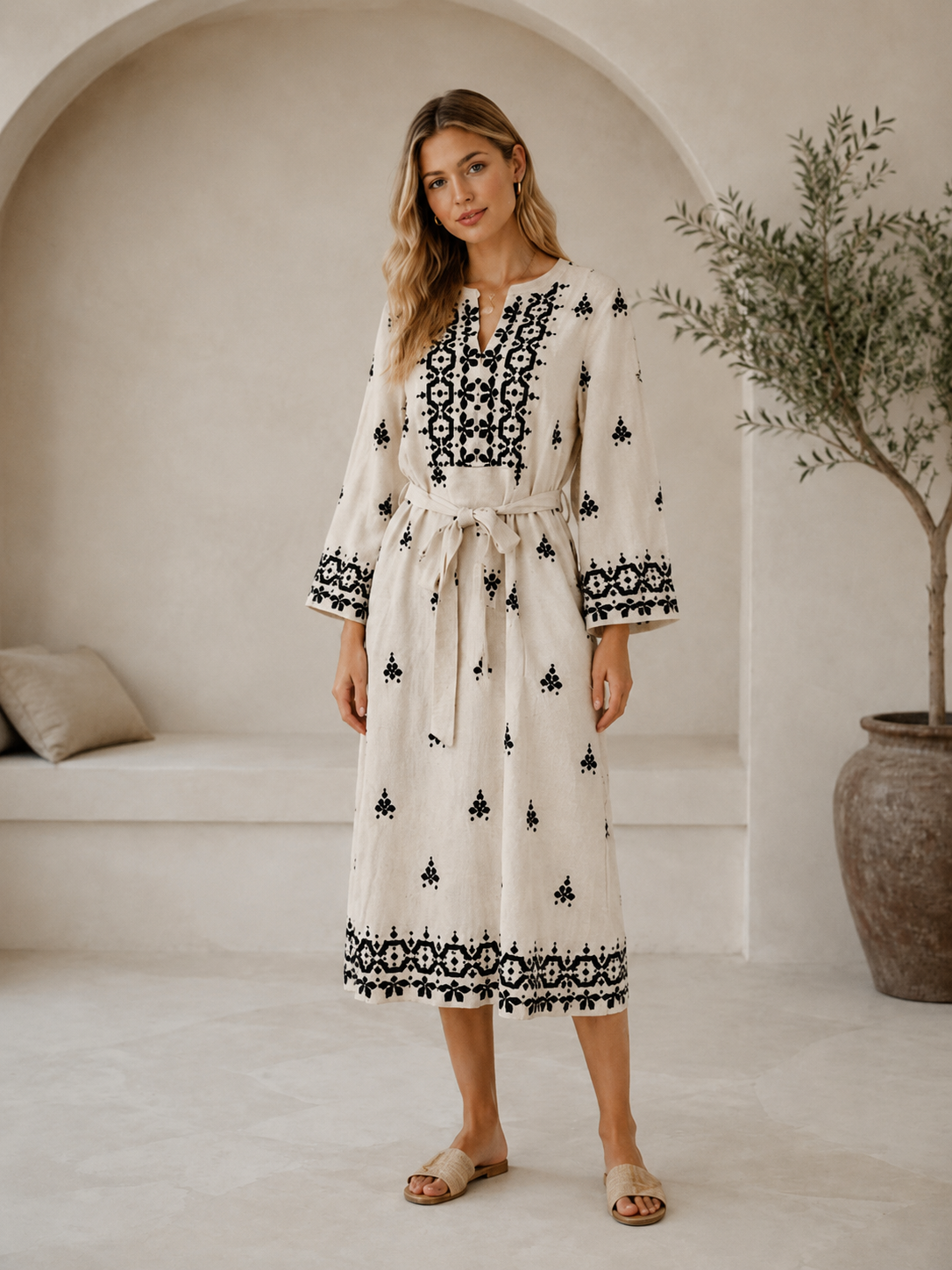 Women's Ivory Folk Embroidered Tie-Waist Dress W-40009